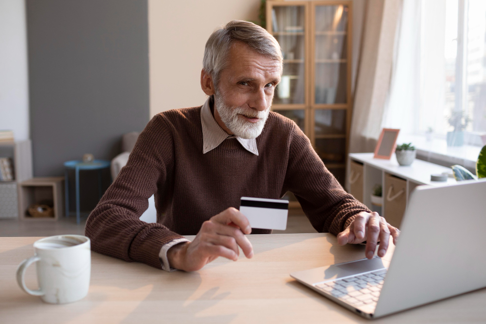 Persona mayor haciendo un pago online con seguridad Persona mayor haciendo un pago online con seguridad